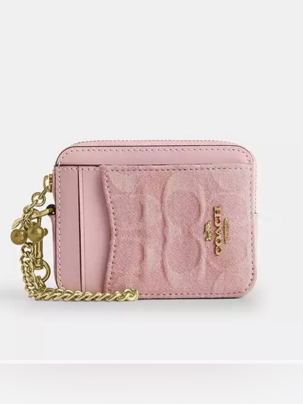 Coach Pink Signature Card Holder with Gold Chain